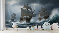 The design features multiple ships sailing on a turbulent ocean.

