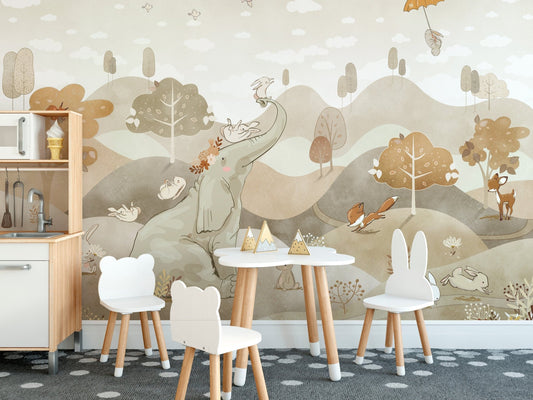 Whimsical wallpaper with elephants and rabbits in nature, C65