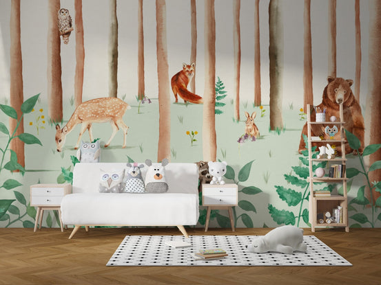 Whimsical Storybook Wildlife wall mural for kids' room decor. C245