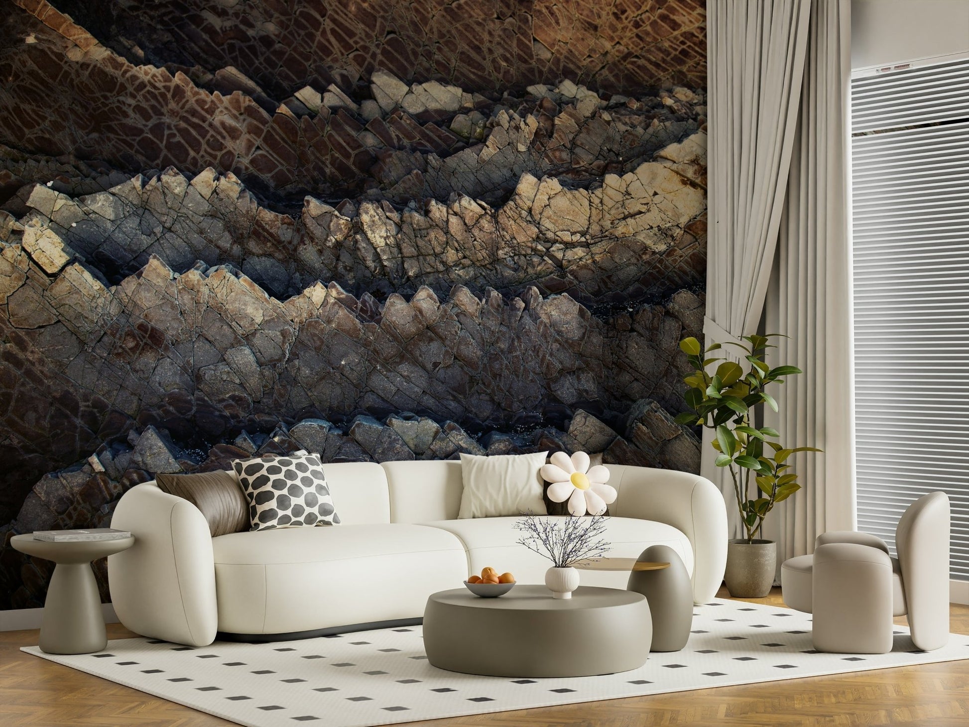 Applying the Stratified Stone peel and stick wallpaper panel.
