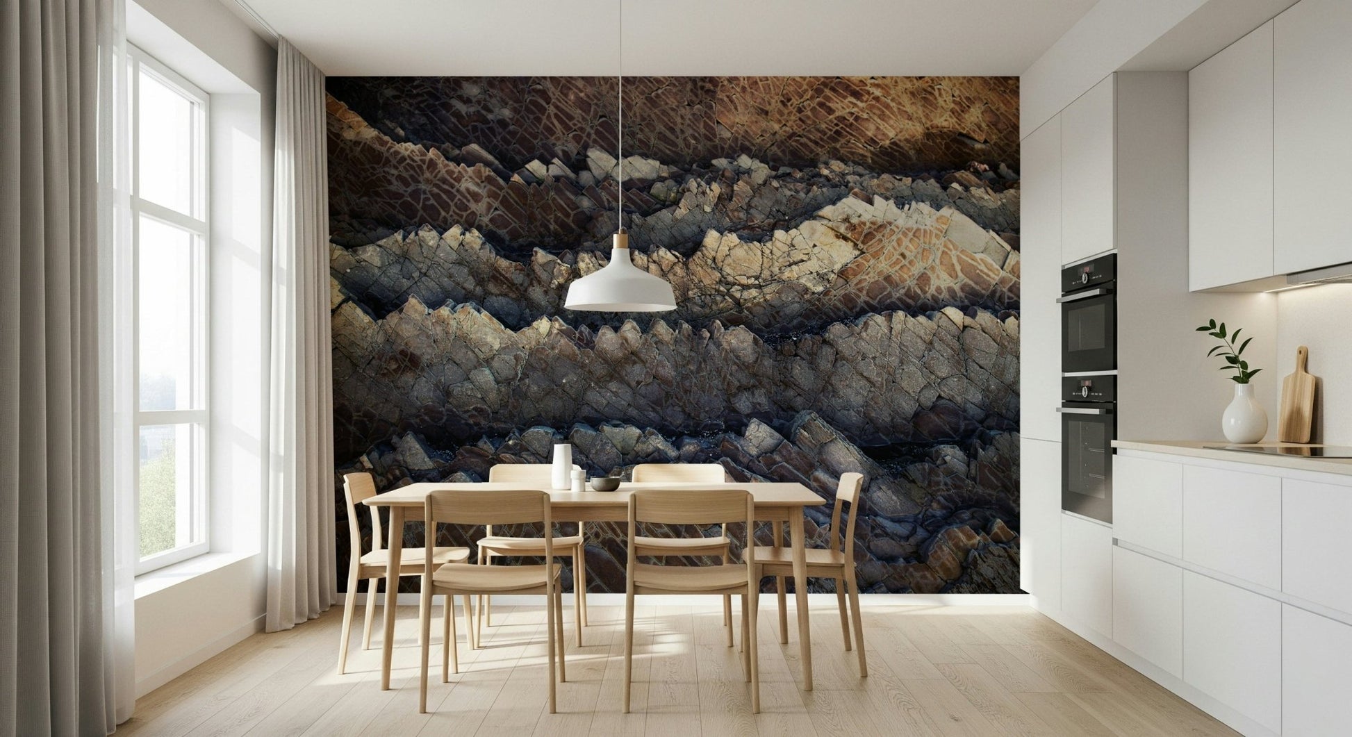 Bedroom accent wall with stratified stone wallpaper.