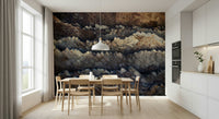 Bedroom accent wall with stratified stone wallpaper.