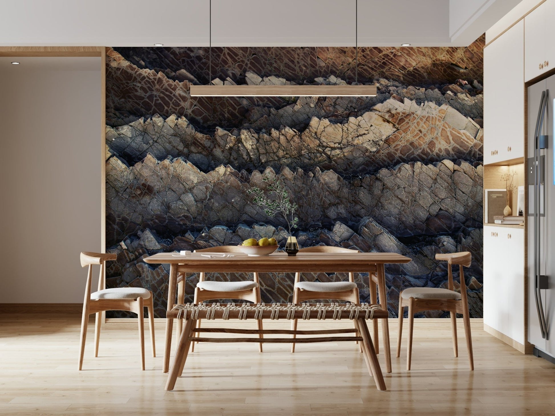 Close-up of stratified stone mural's layered texture.