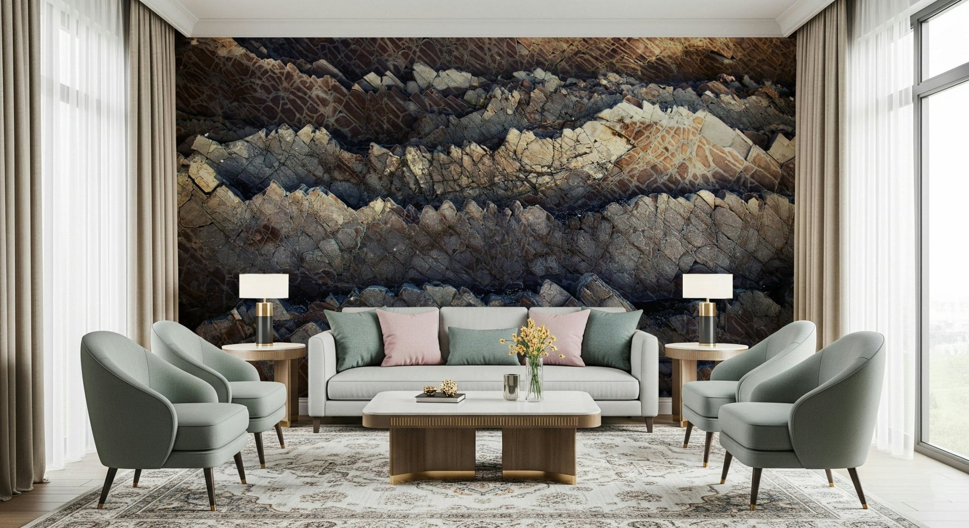Stratified Stone wallpaper for walls in a minimalist kitchen.