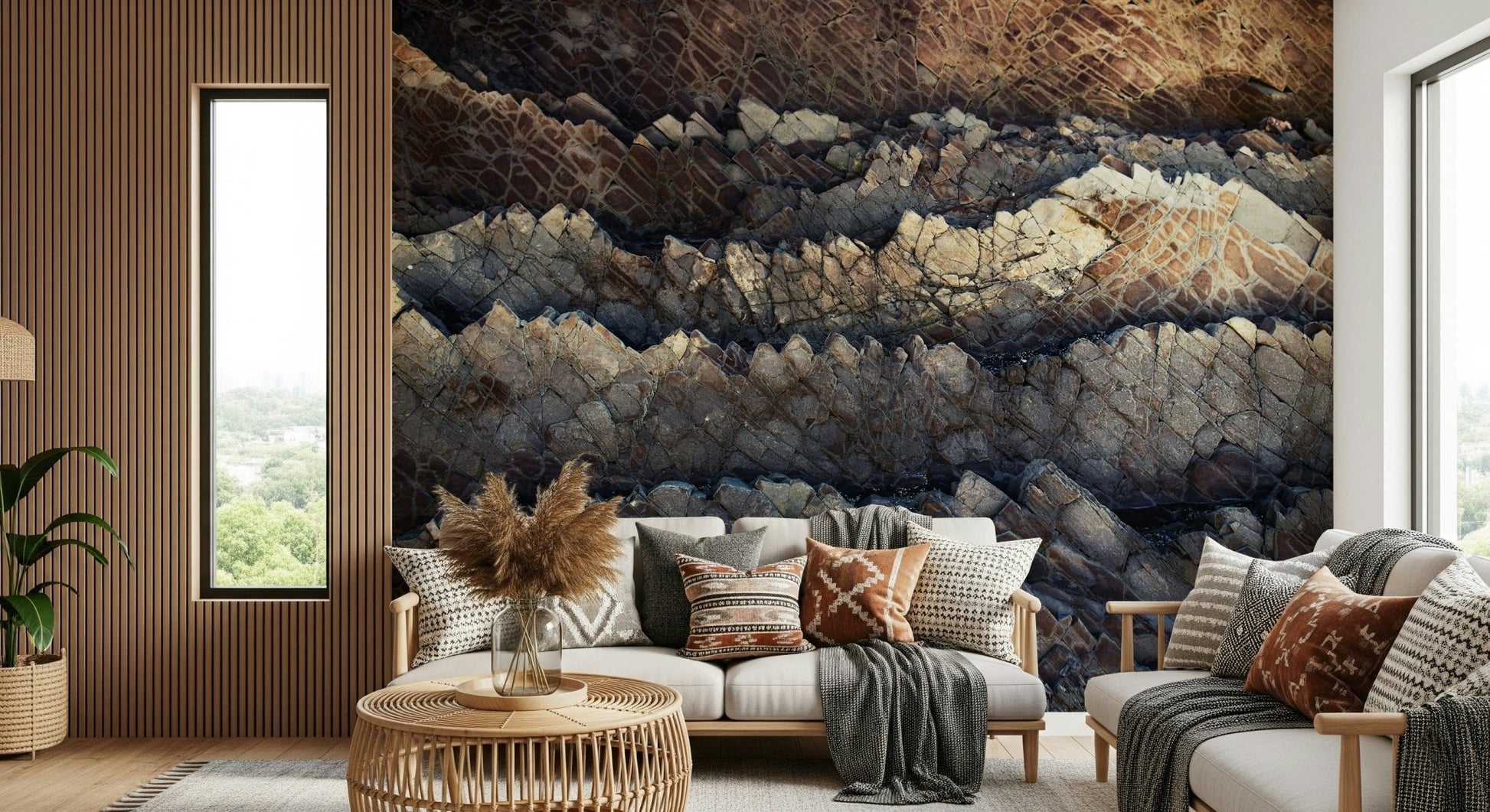 Full view of the layered natural stone feature wall.