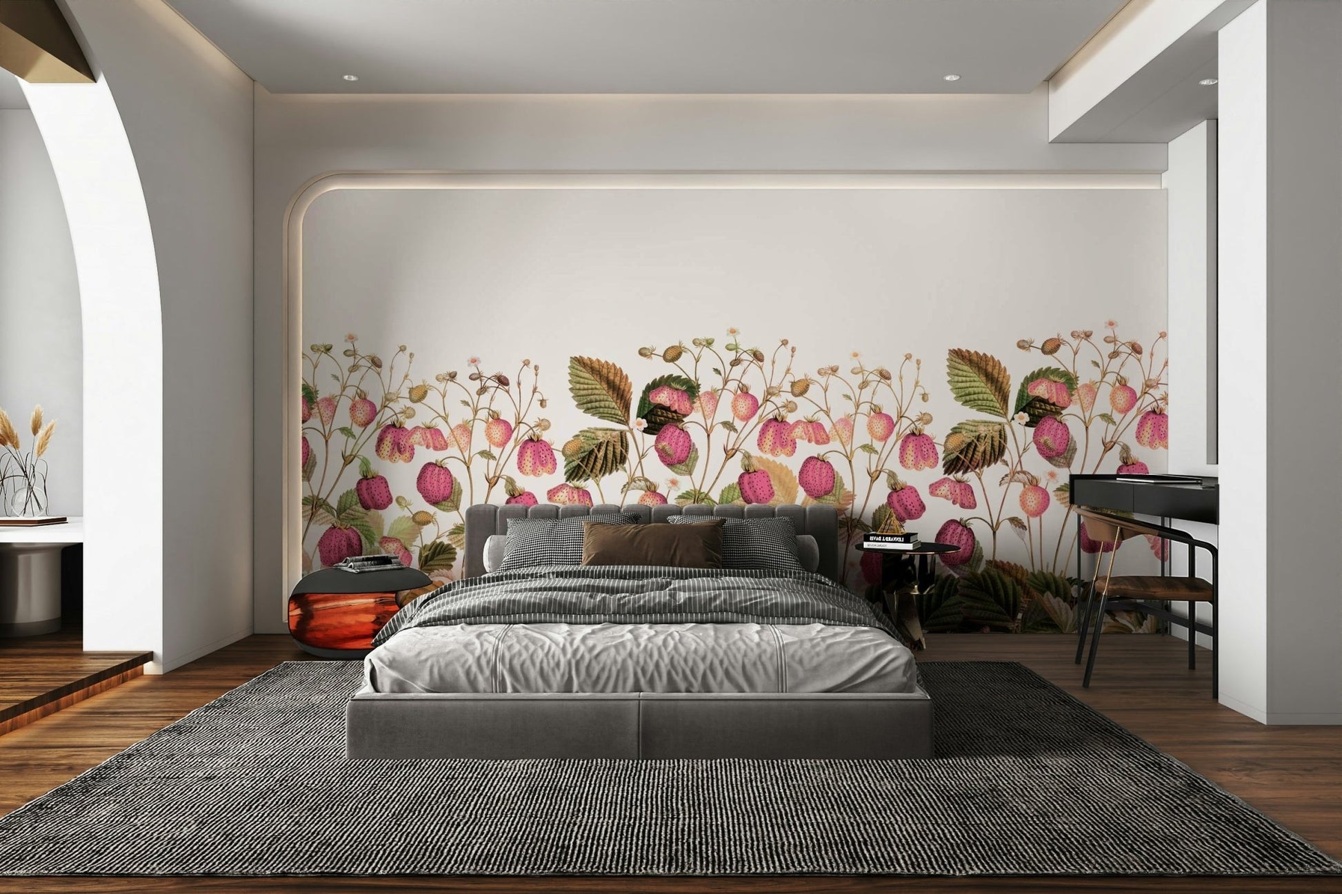 Bright garden mural with strawberries and leaves