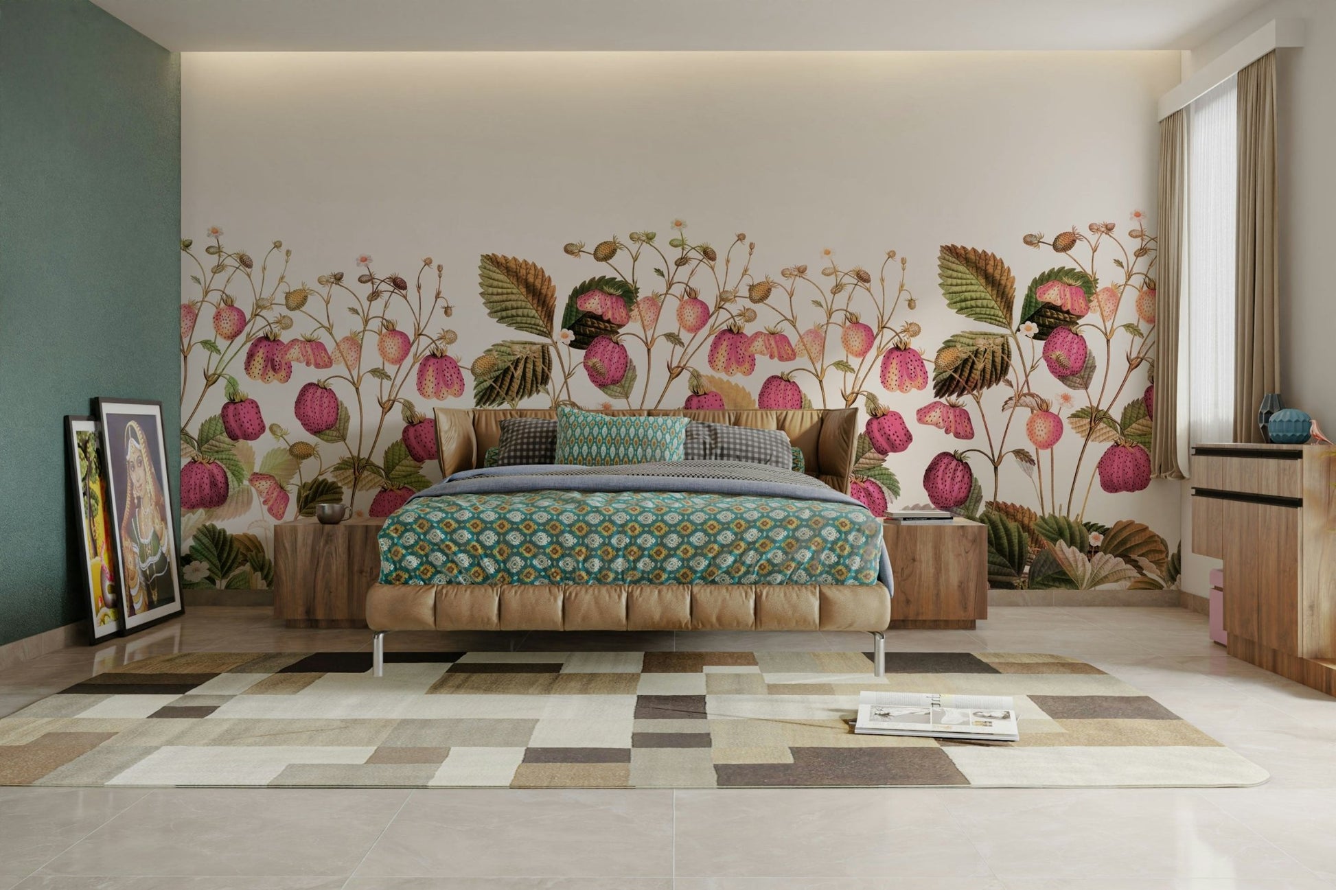 Hand-painted strawberry wall covering in soft tones