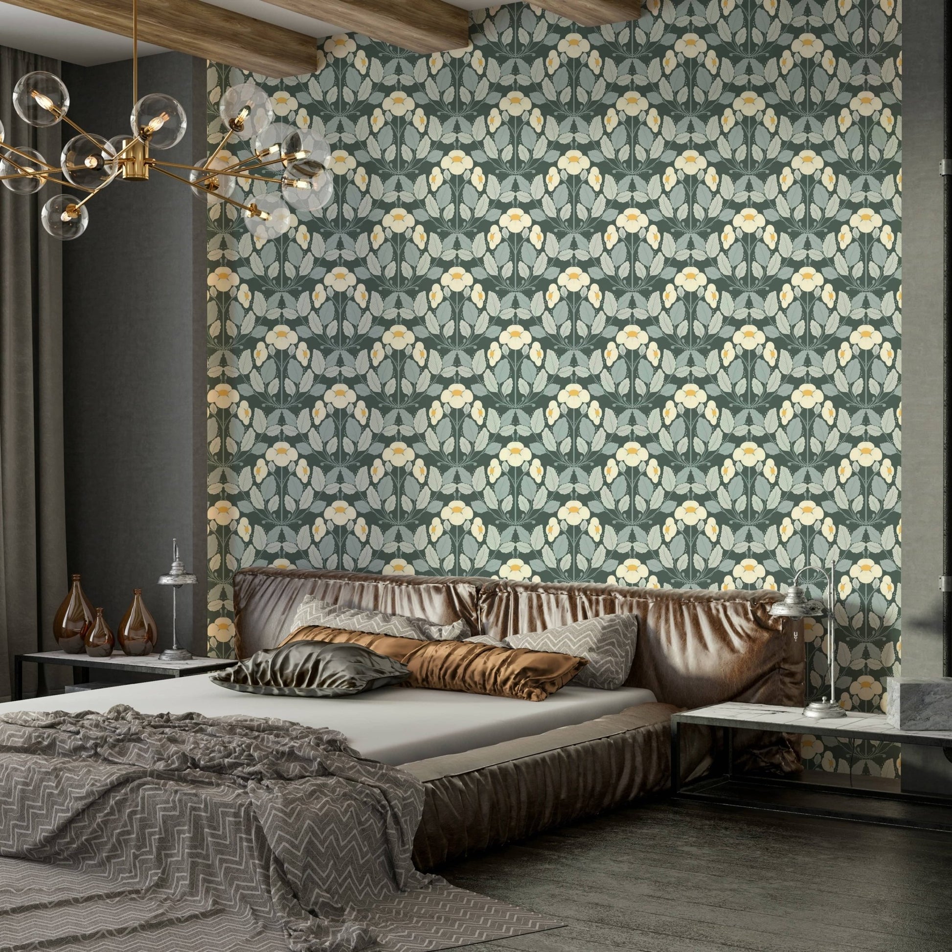 Dark background folk floral wallpaper print

