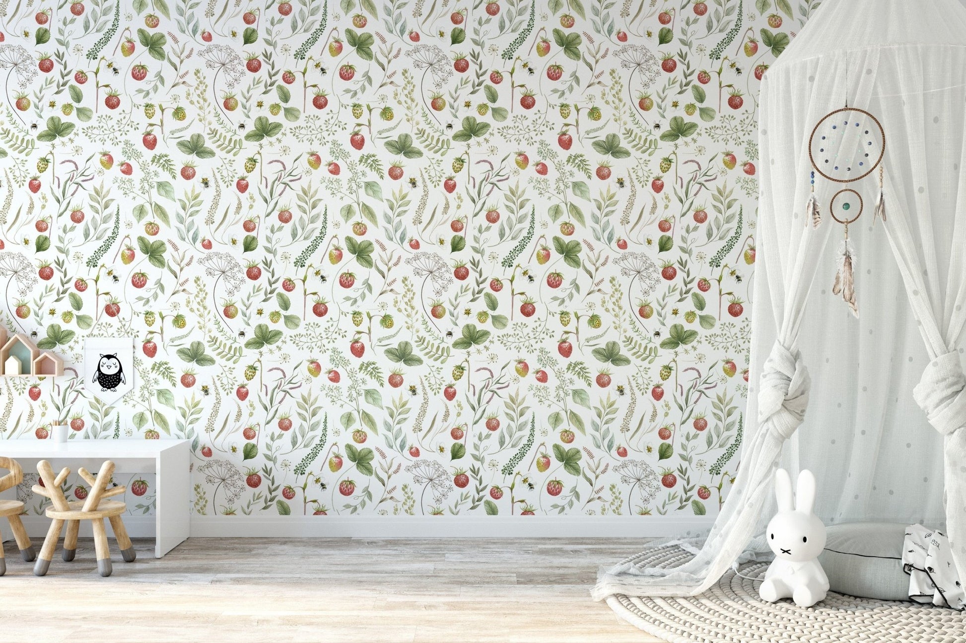 Elegant botanical strawberry print walls
