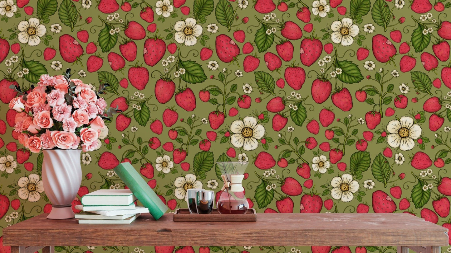 Playful strawberry patch pink on green wallpaper for kitchens.
