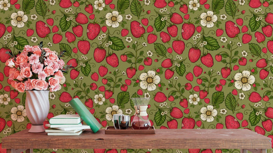 Playful strawberry patch pink on green wallpaper for kitchens. RNM93

