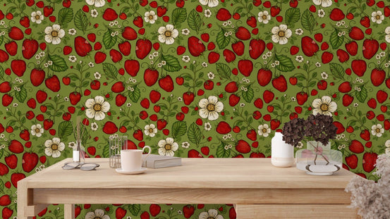 Vibrant strawberry patch red on green wallpaper for kitchens. RNM92
