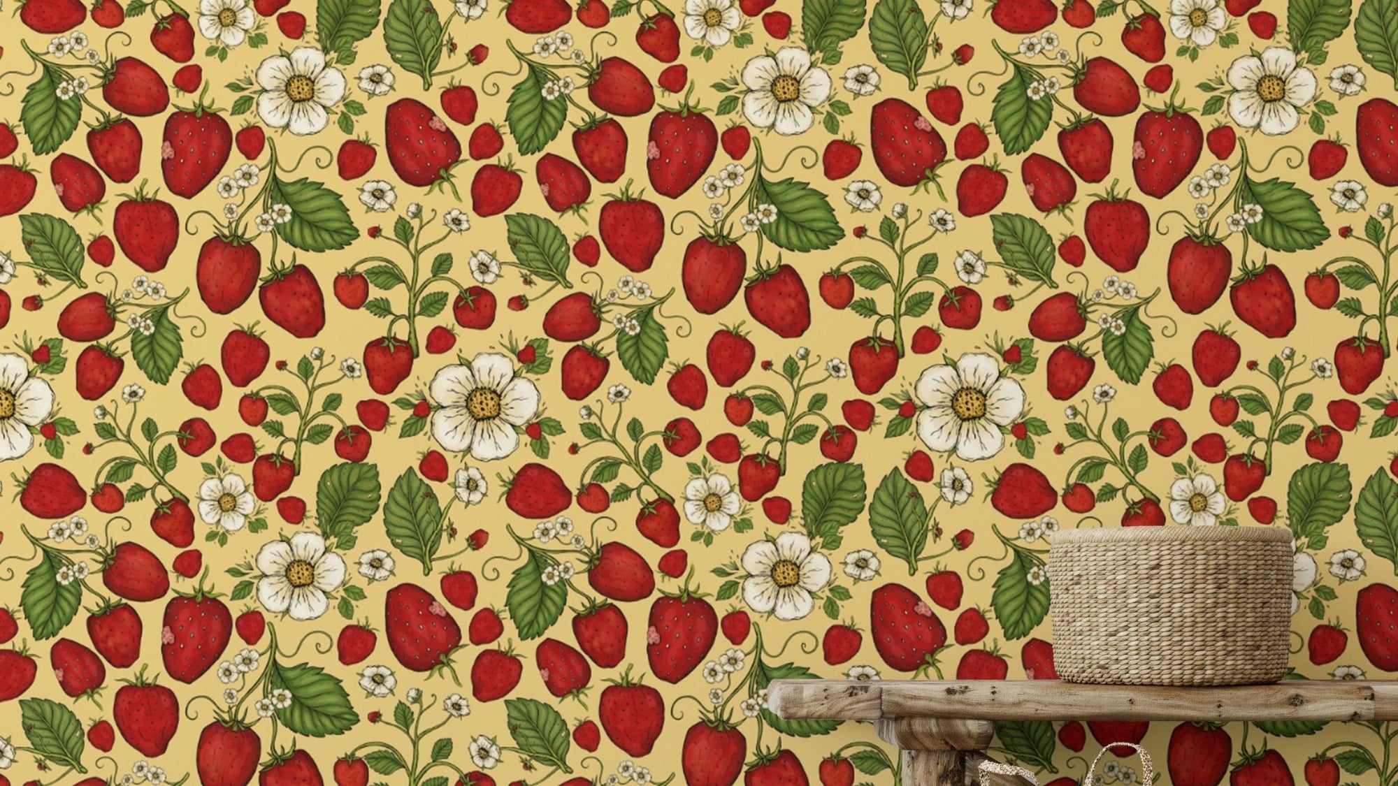 Fresh strawberry design wallpaper with bold yellow backdrop. RNM91
