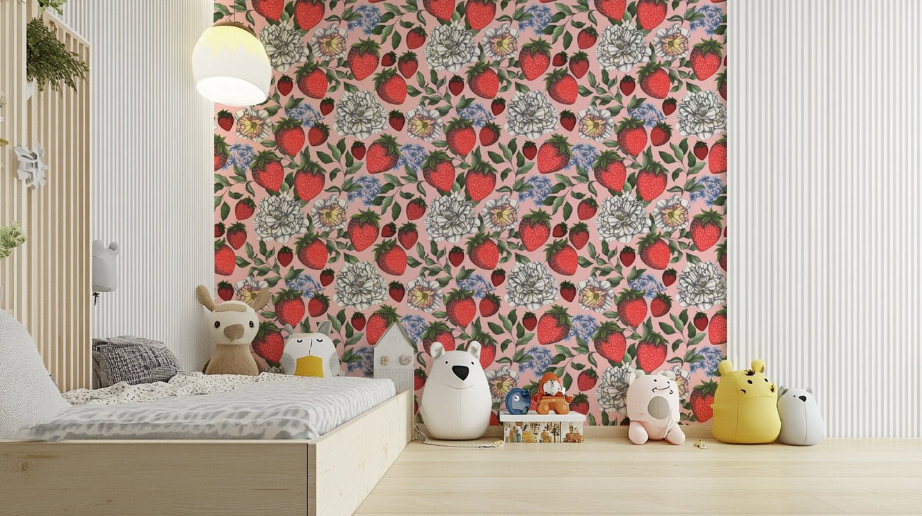 Delicate white flowers and greenery complement the strawberries

