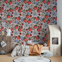 Ripe strawberries and floral design create a fresh, seasonal look

