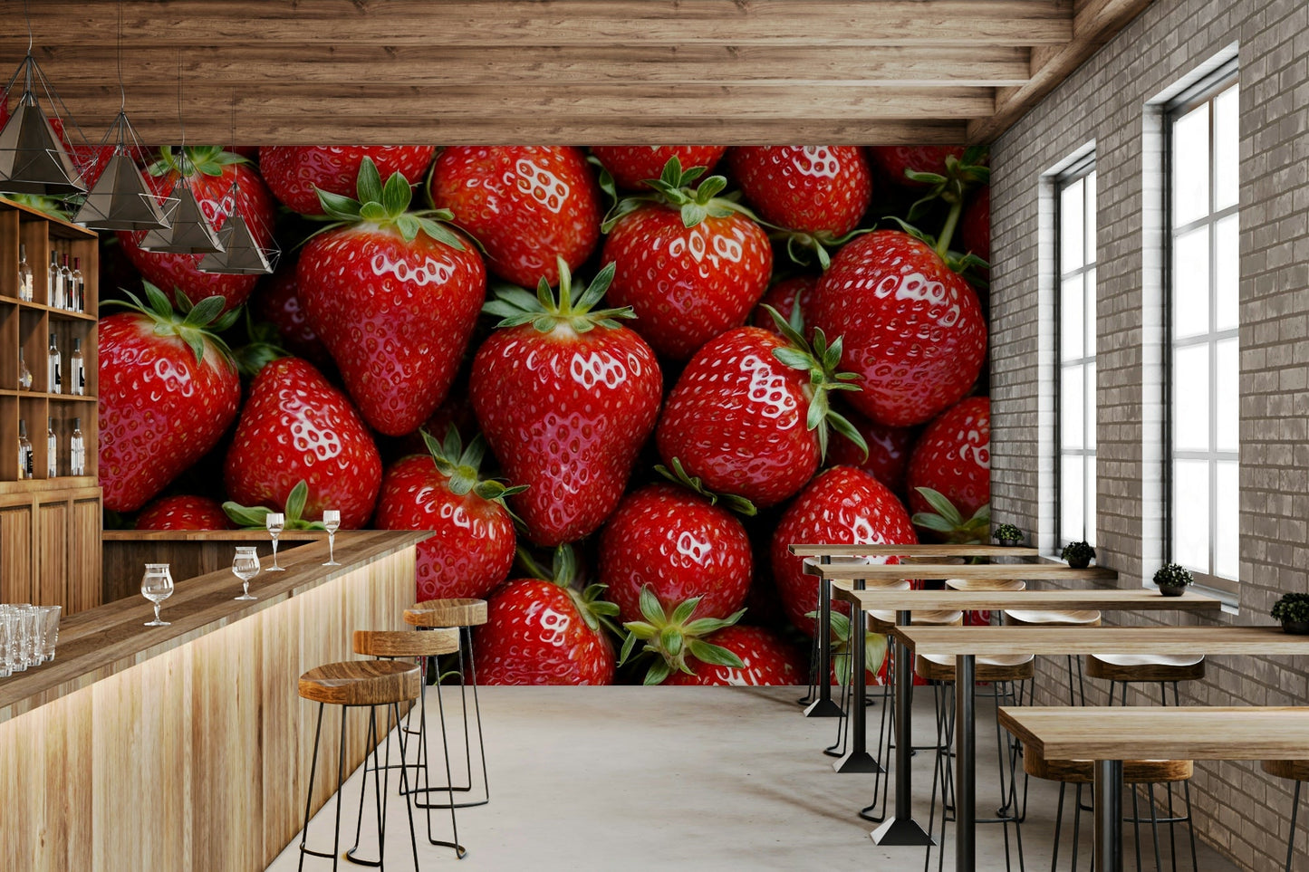 The strawberries are ripe and red, with green leaves and blossoms.
