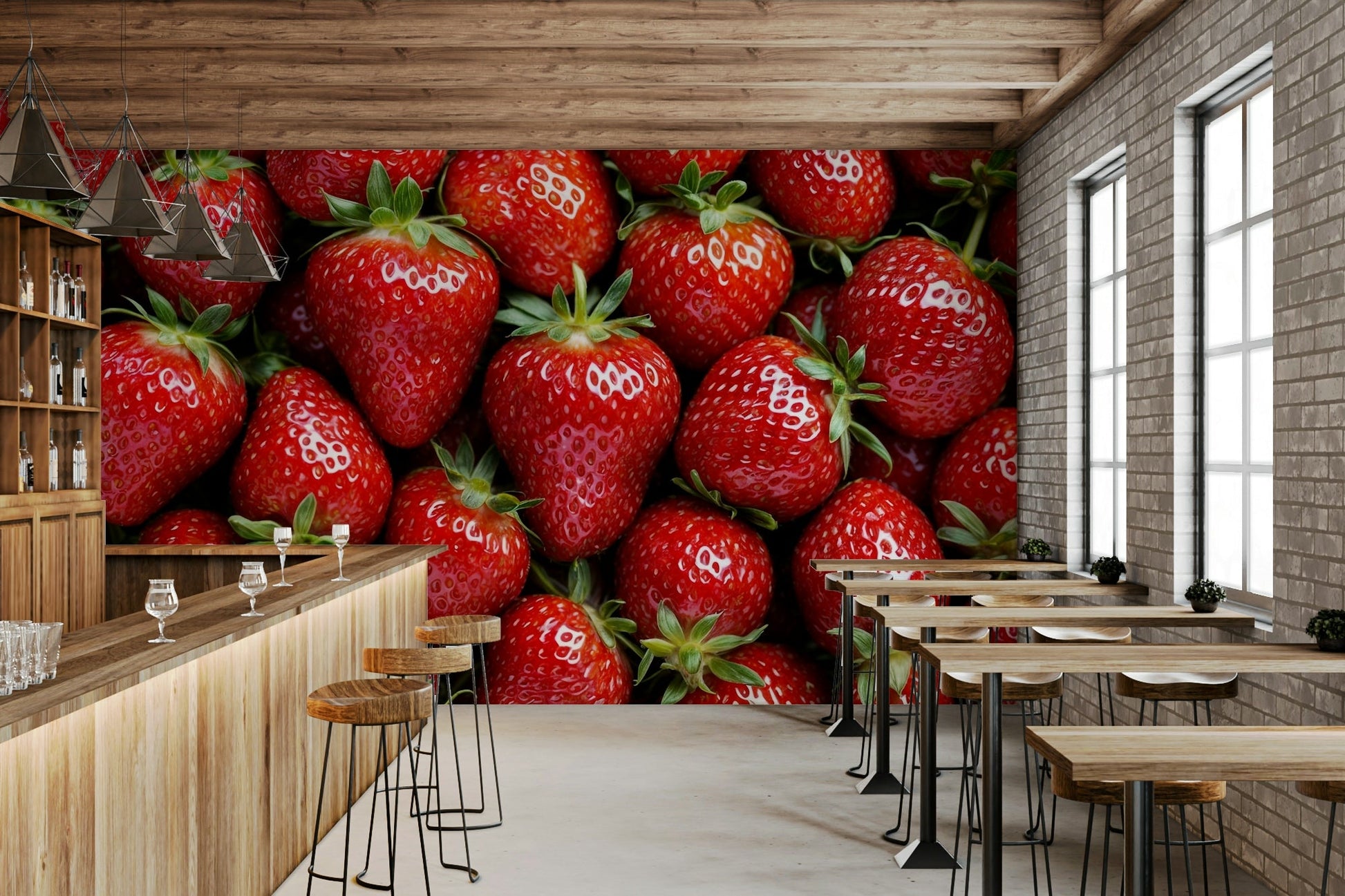 The strawberries are ripe and red, with green leaves and blossoms.
