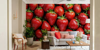 A wall mural with a repeating pattern of strawberries.
