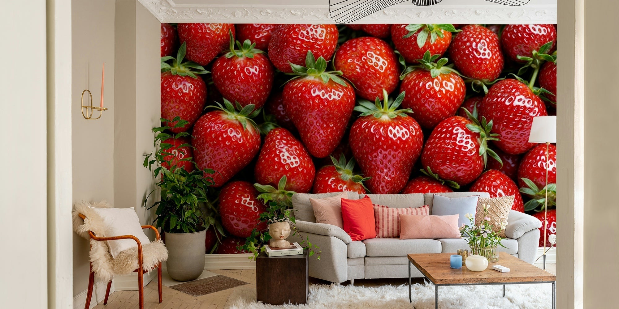 A wall mural with a repeating pattern of strawberries. GD3722
