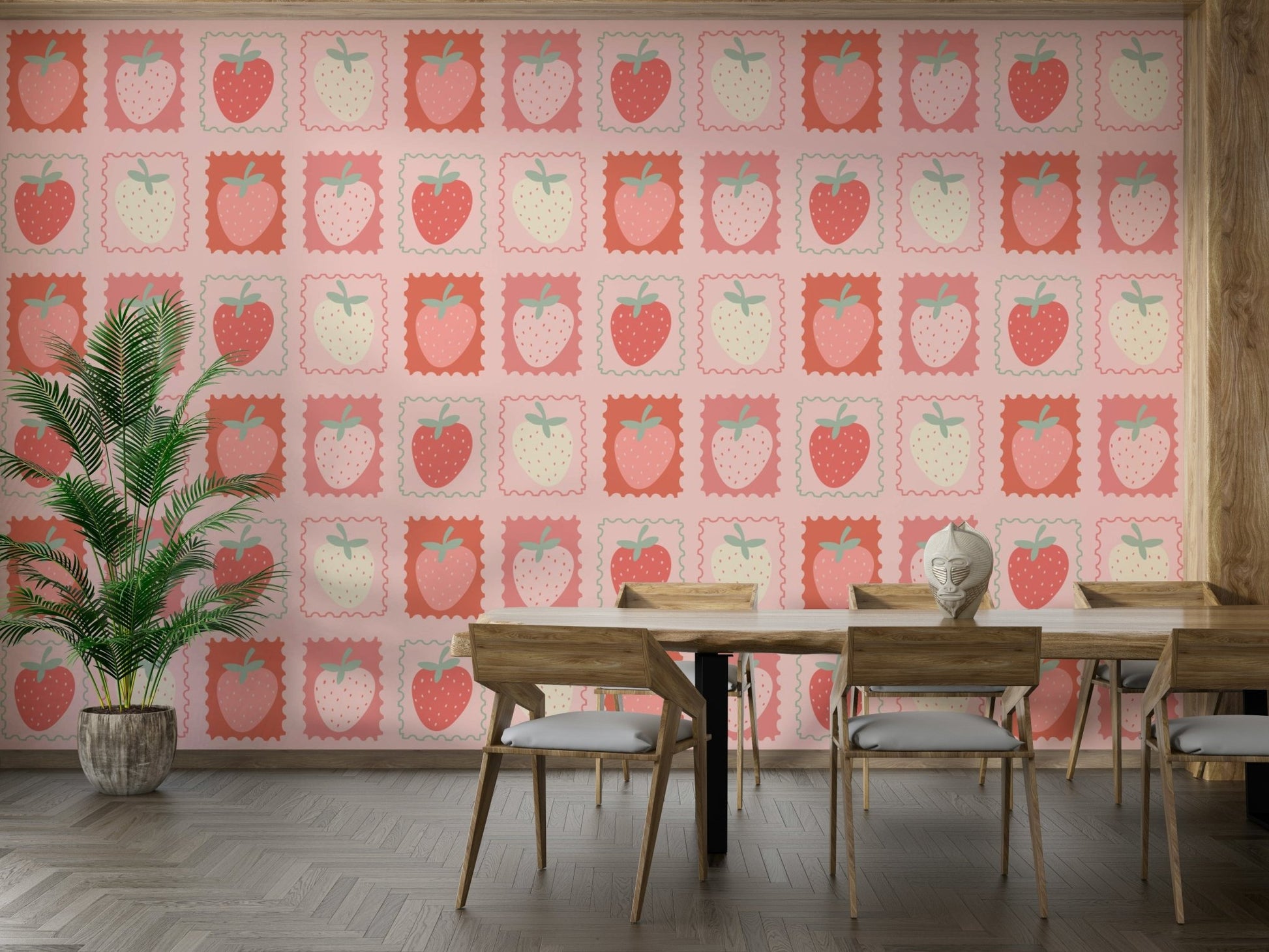 Wallpaper featuring strawberries and postal stamp motifs

