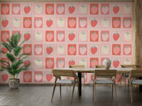 Wallpaper featuring strawberries and postal stamp motifs

