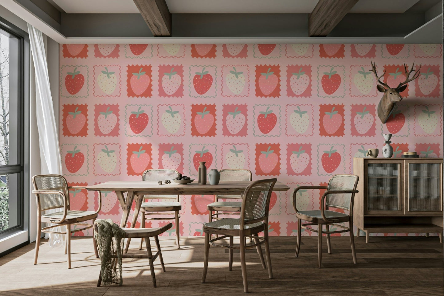 Retro postage wallpaper with strawberries and botanicals

