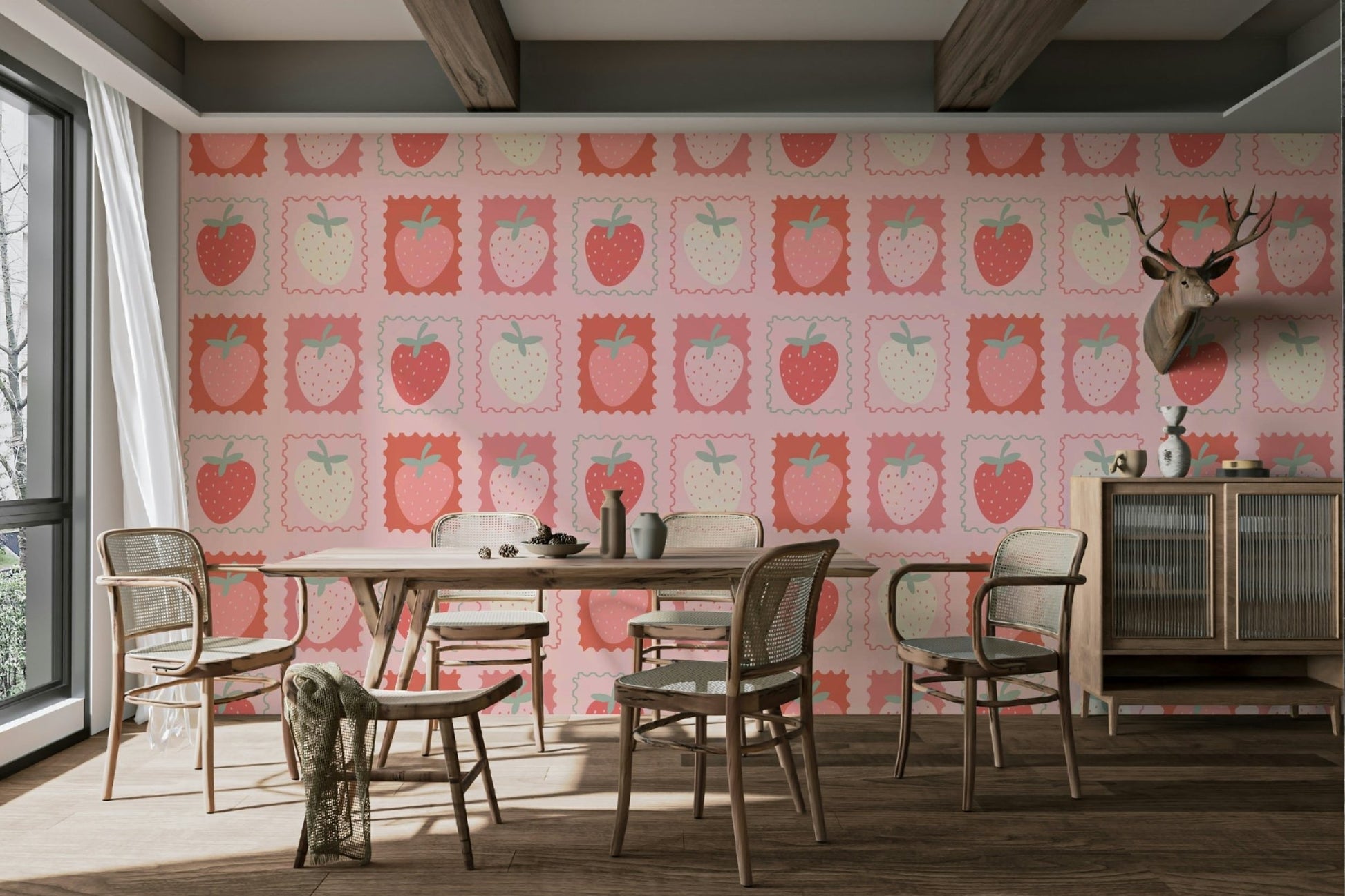 Retro postage wallpaper with strawberries and botanicals


