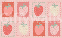 Decorative wallpaper with strawberries in stamp layout


