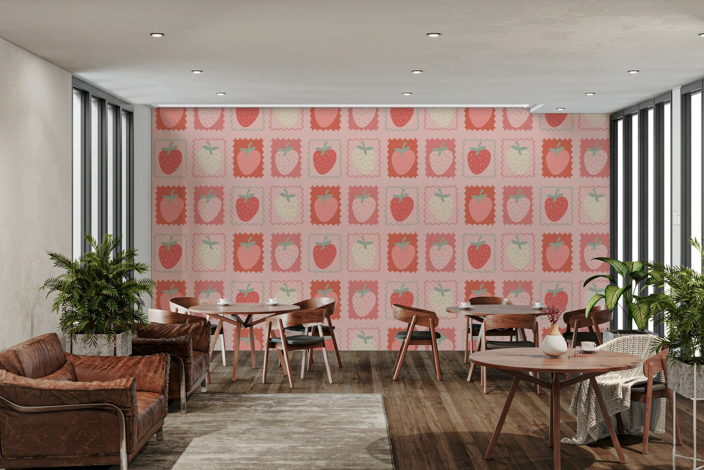 Stamp-style wallpaper featuring strawberries in soft tones

