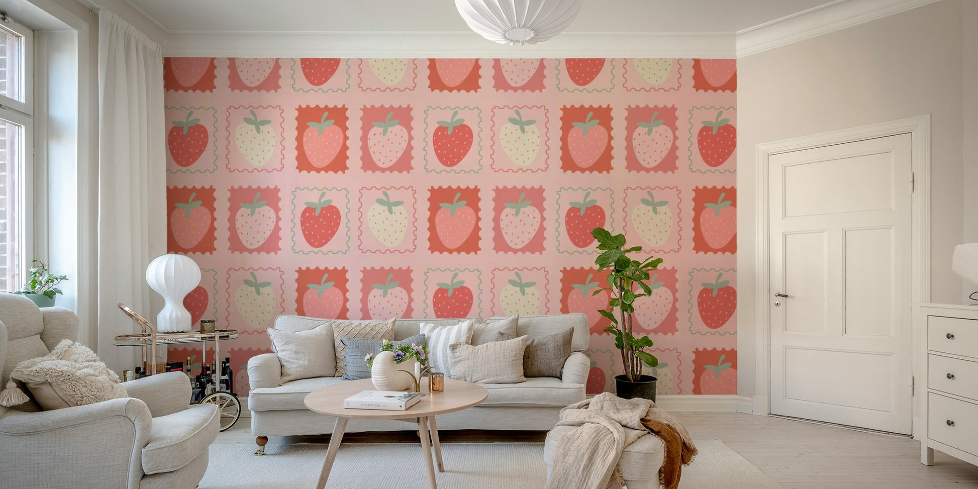 Playful strawberry wallpaper with a philatelic design


