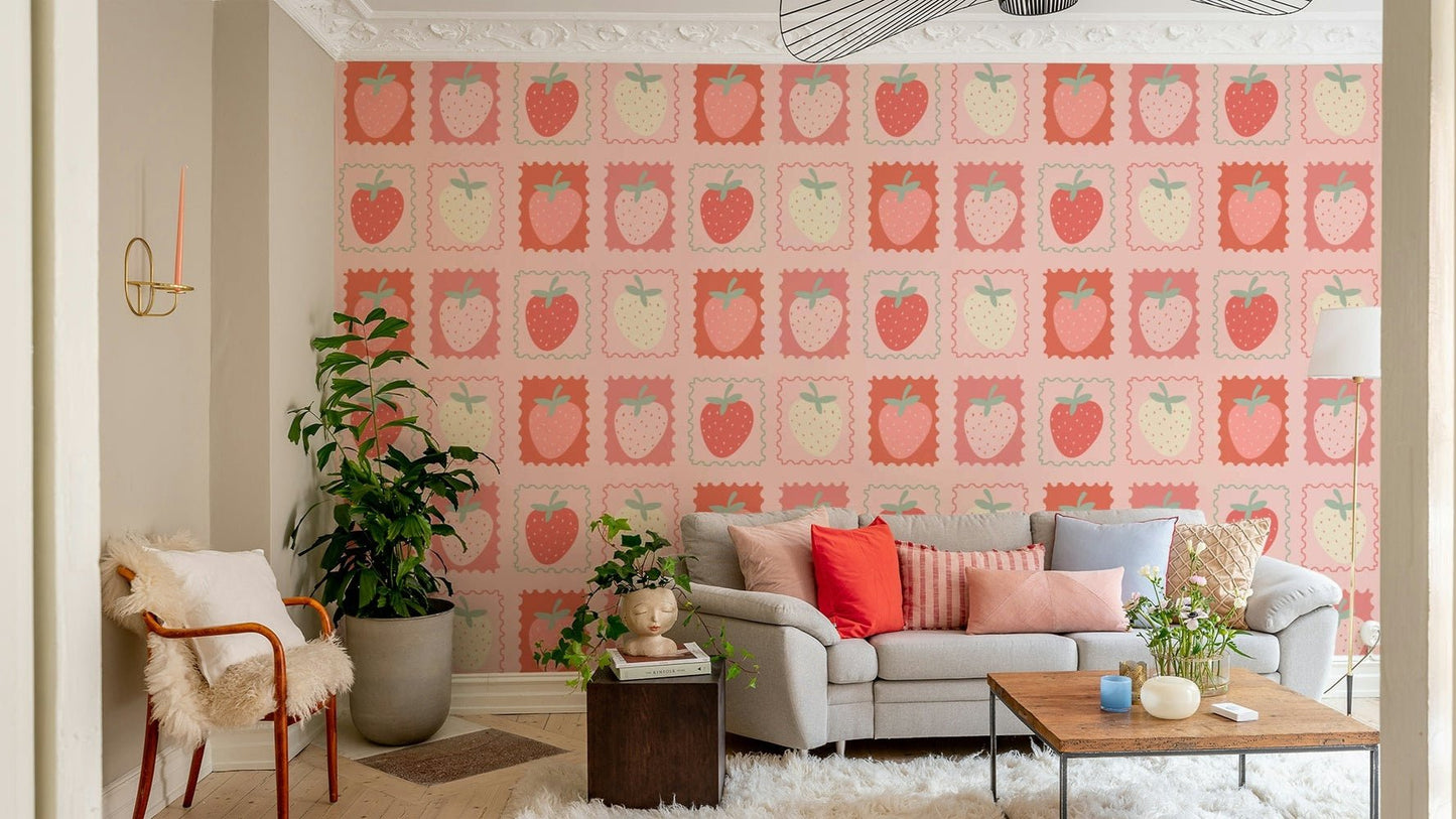 Vintage-inspired strawberry wallpaper with postal graphics

