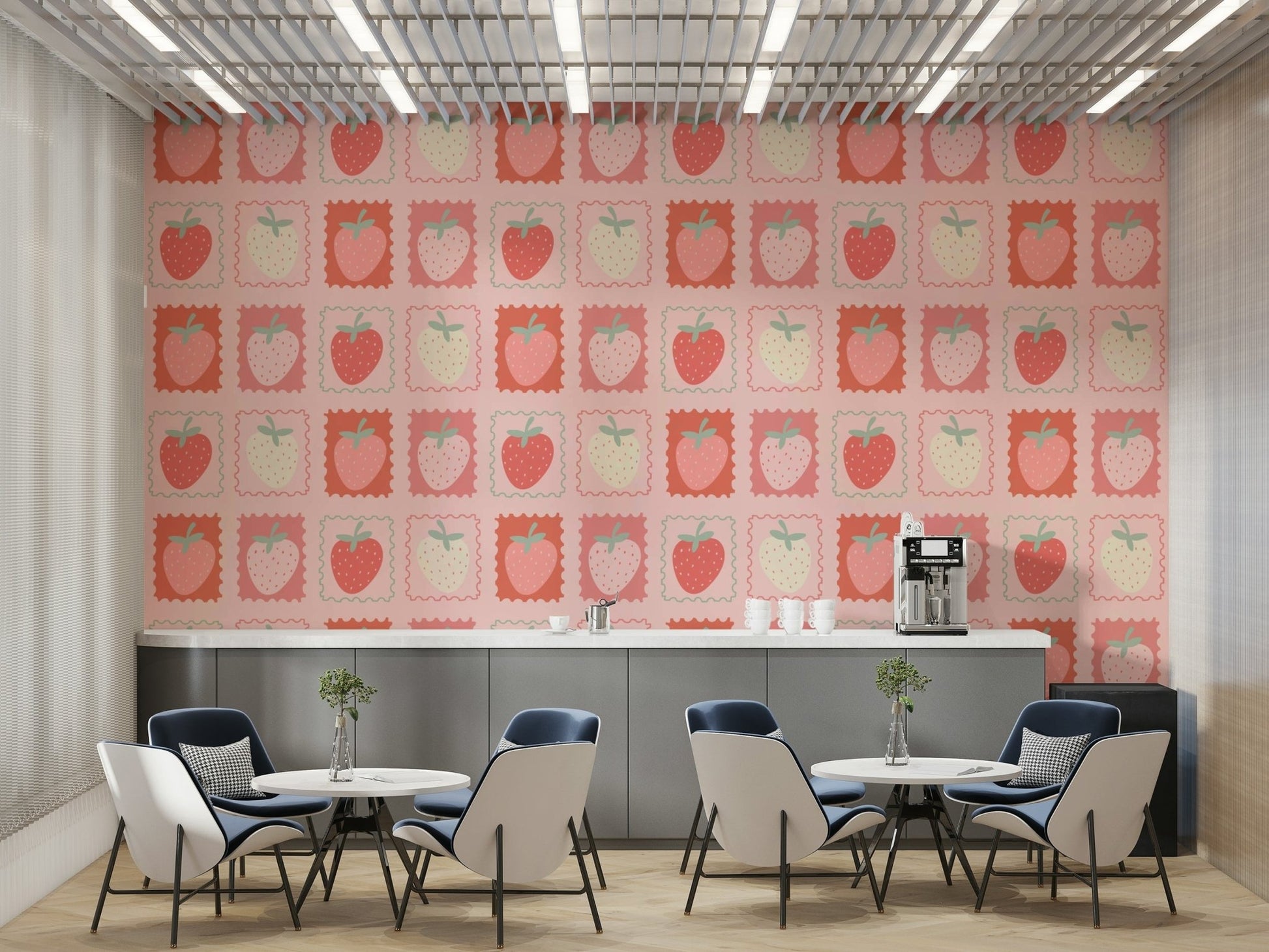 Strawberry pattern wallpaper styled like collectible stamps

