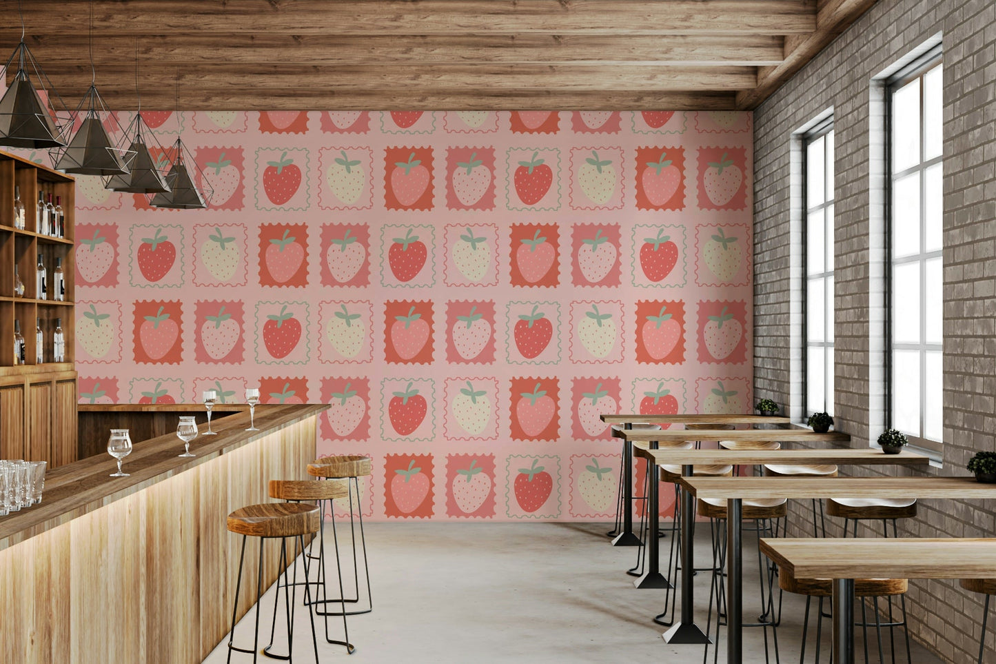 Strawberry-themed wallpaper with illustrated stamps


