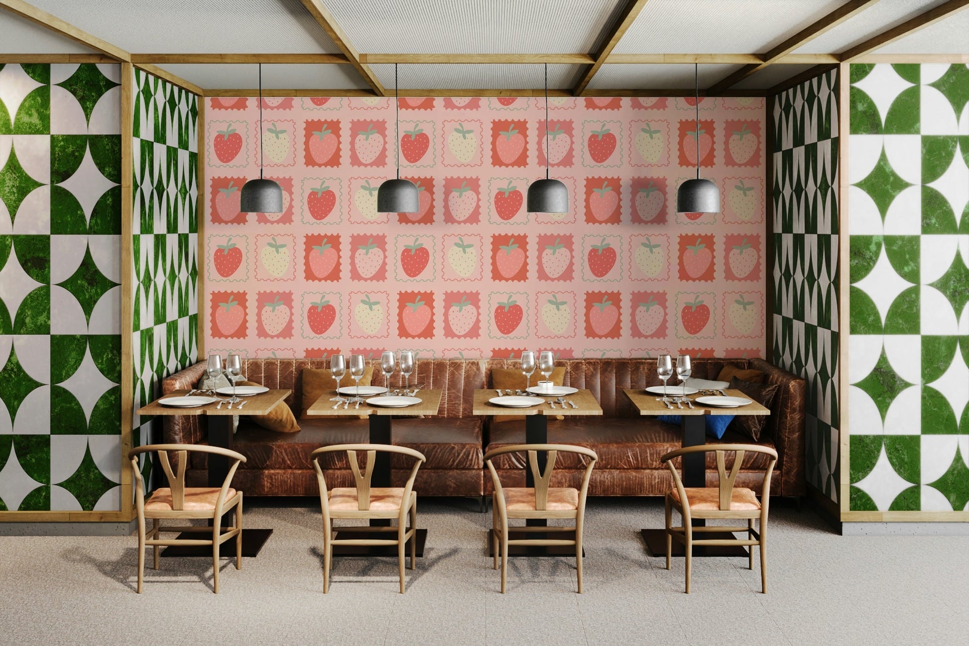 Whimsical fruit stamp wallpaper with red strawberry prints

