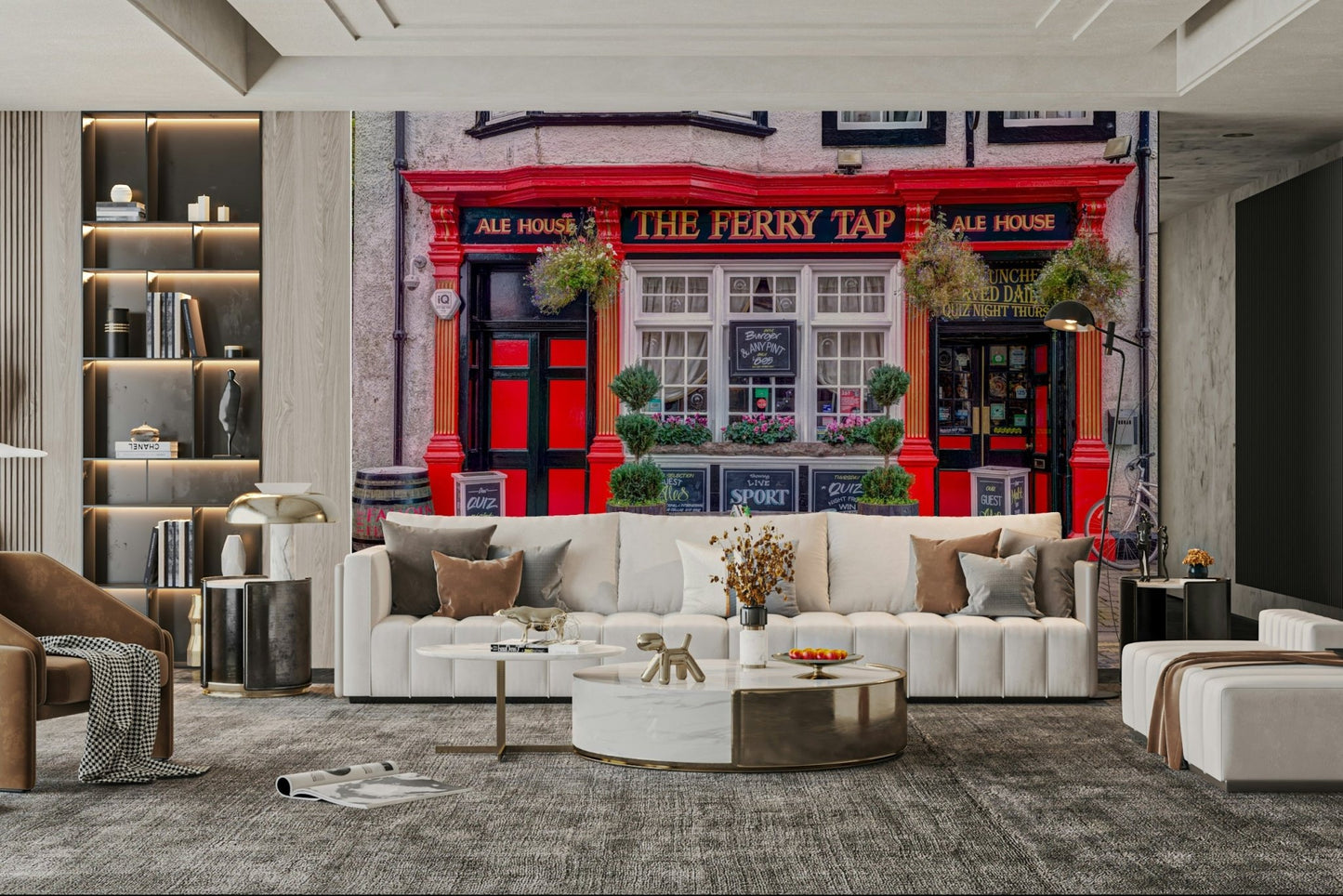 Pub entrance mural with gold trim
