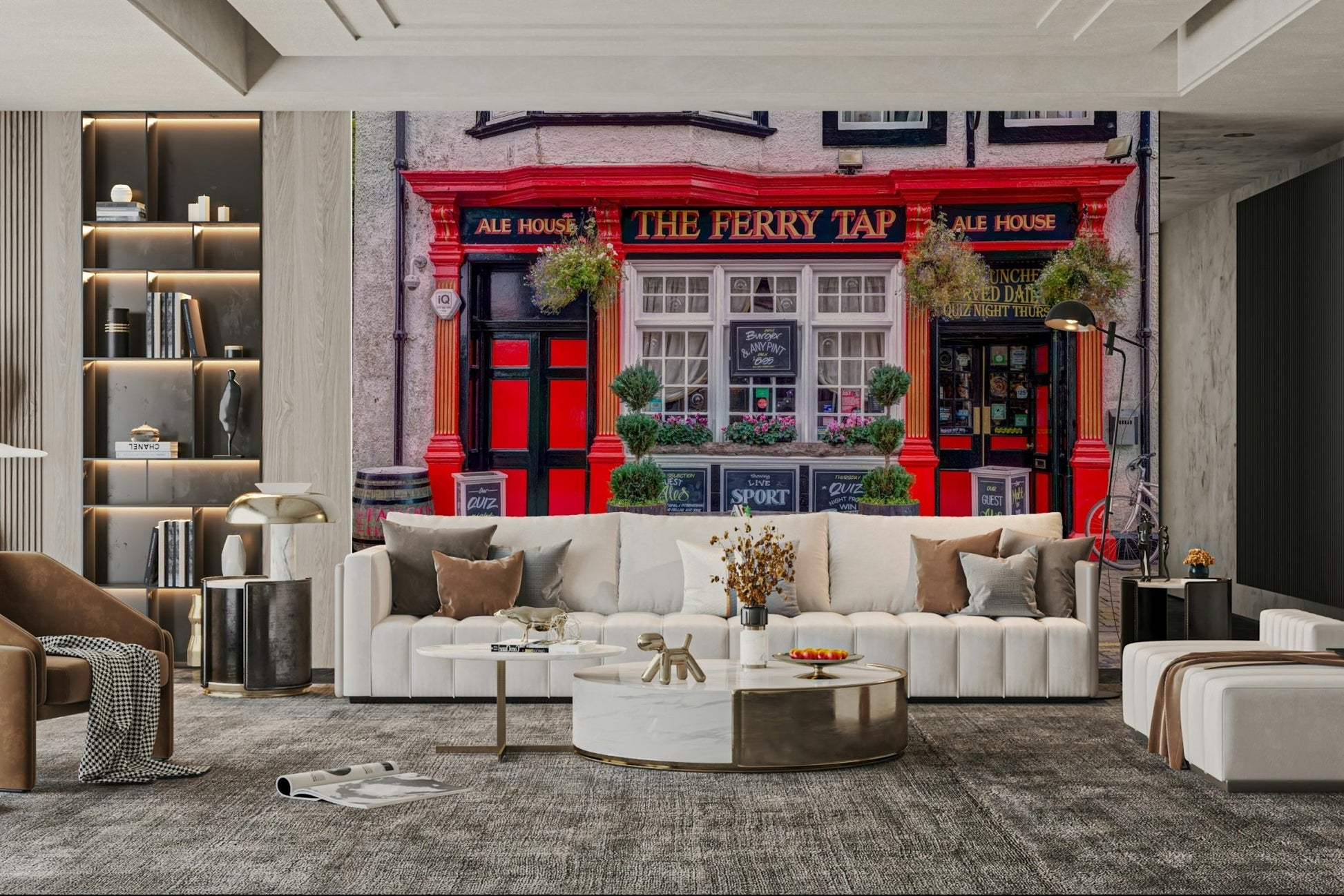 Pub entrance mural with gold trim
