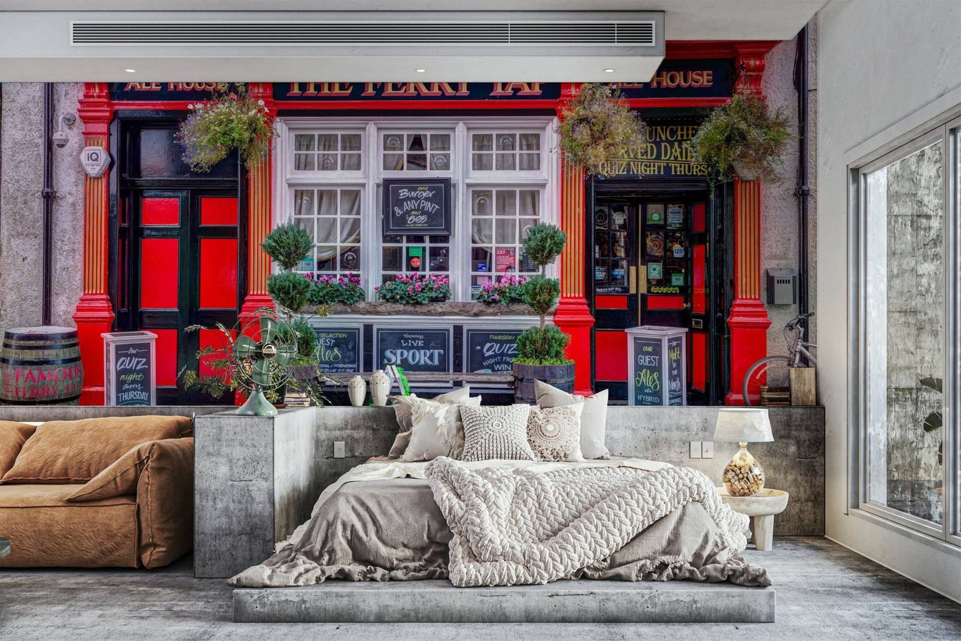 Colorful European pub front design
