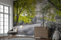 The trees are a vibrant, sunny green color.

