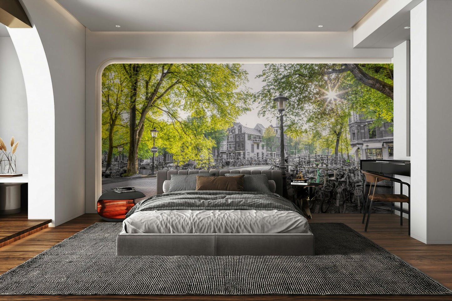 A street lamp is in the foreground of the image.

