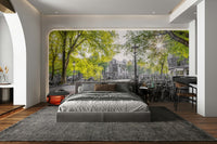 A street lamp is in the foreground of the image.

