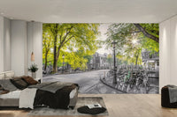 The mural has a unique, partially colorized style.

