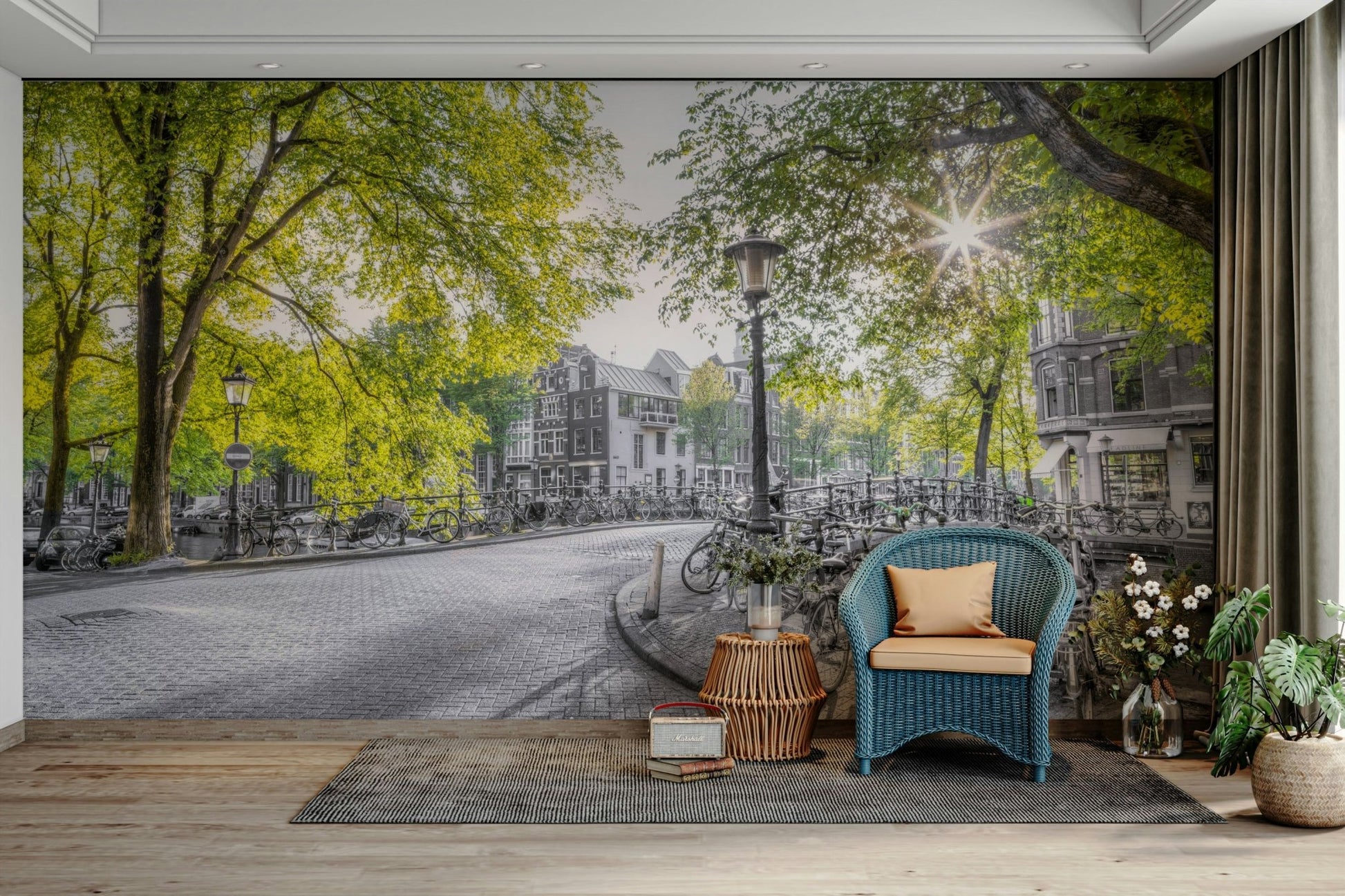 The buildings and street are mostly black and white.

