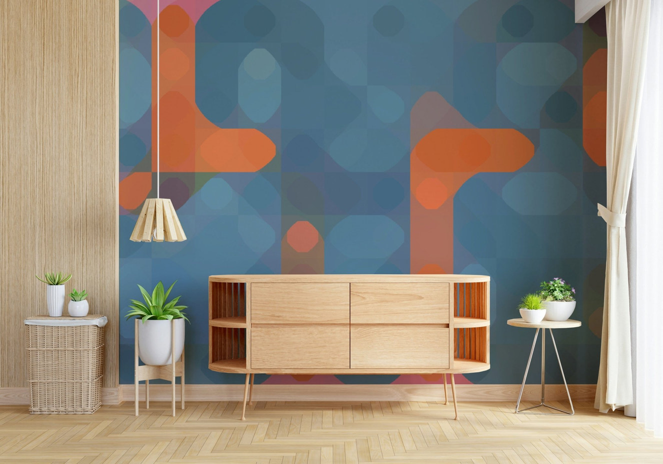 Streetlights wallpaper for walls geometric modern blue orange design.