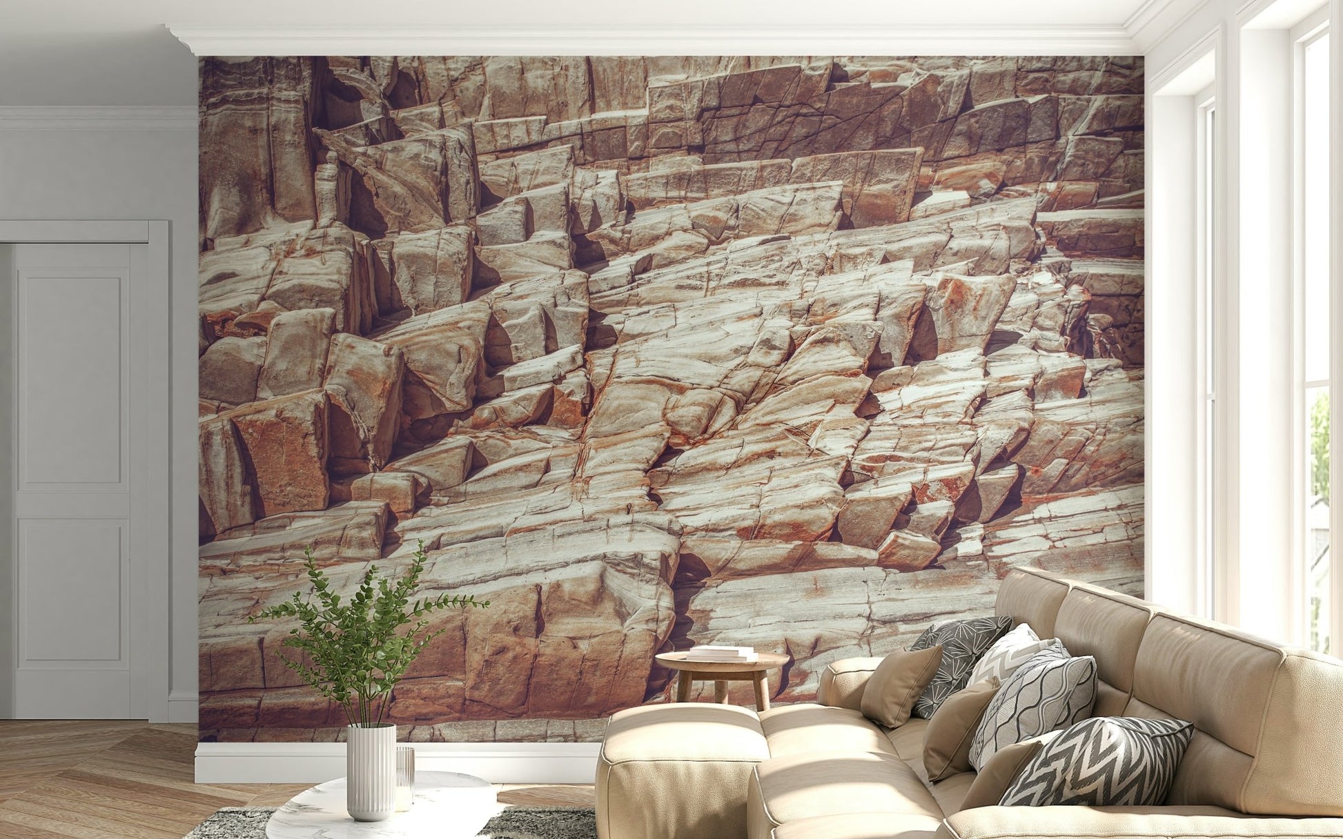 A peaceful modern abstract mural on decorative wallpaper.