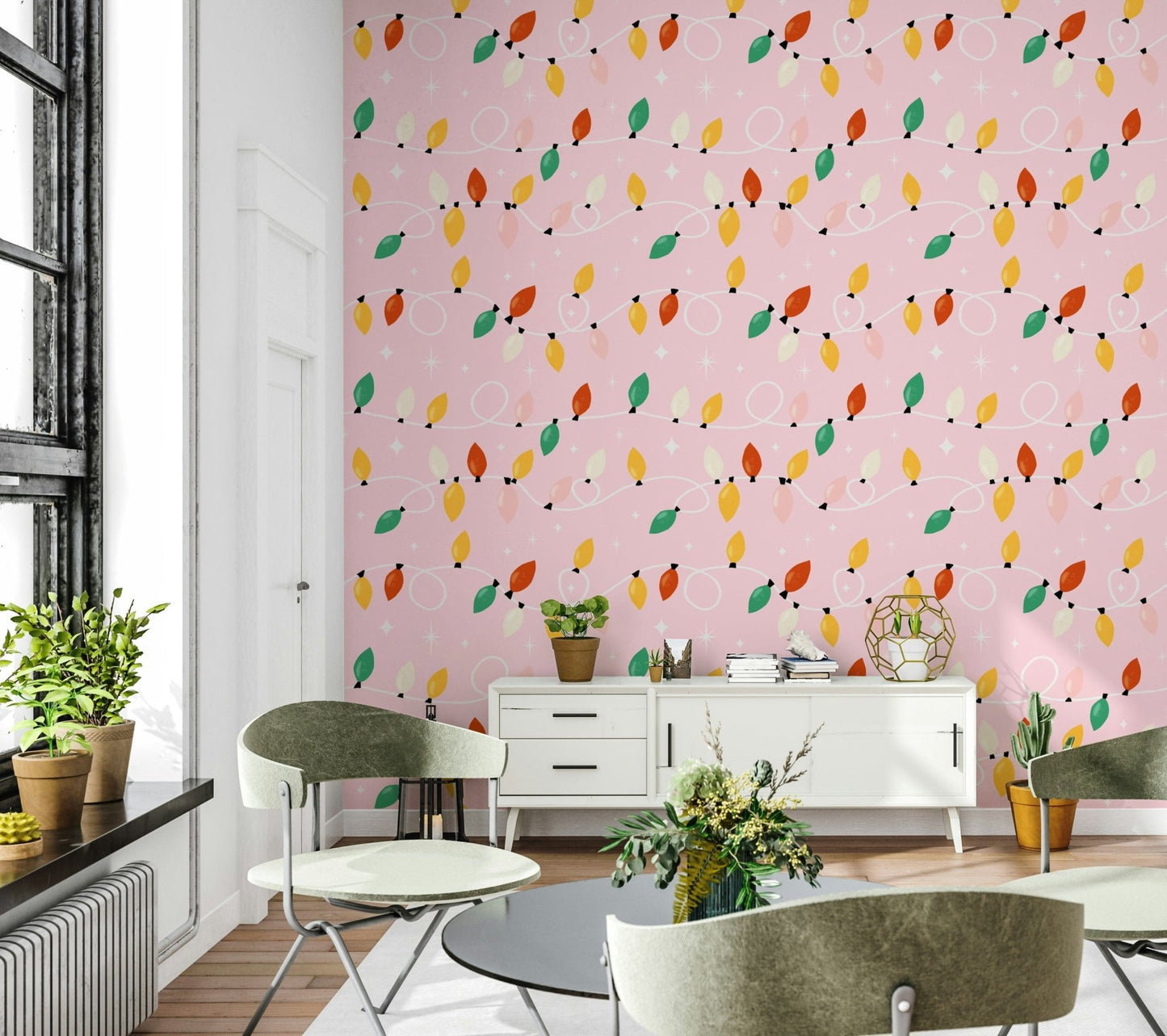 Seamless String Lights & Stars Wallpaper repeat pattern on a soft pink canvas., GD6554