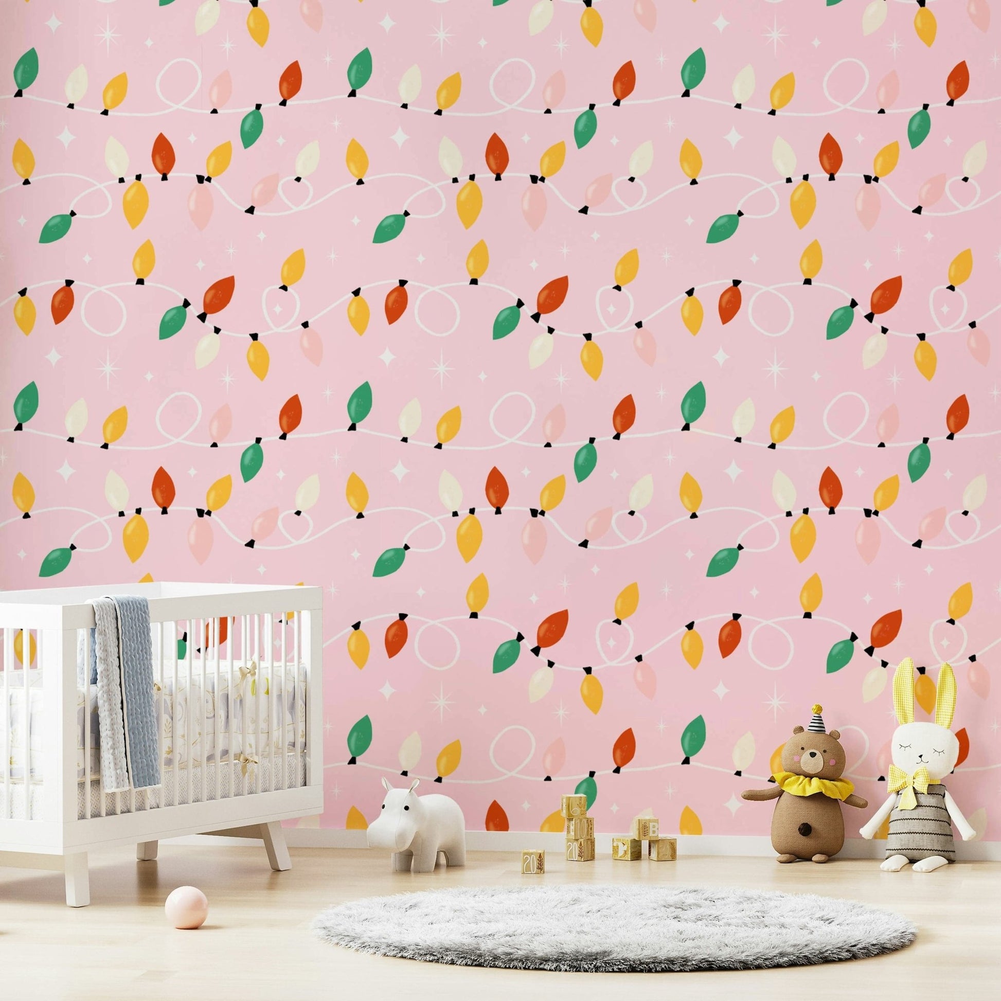 String Lights & Stars Wallpaper holiday sparkle and light loops on soft pink., GD6554