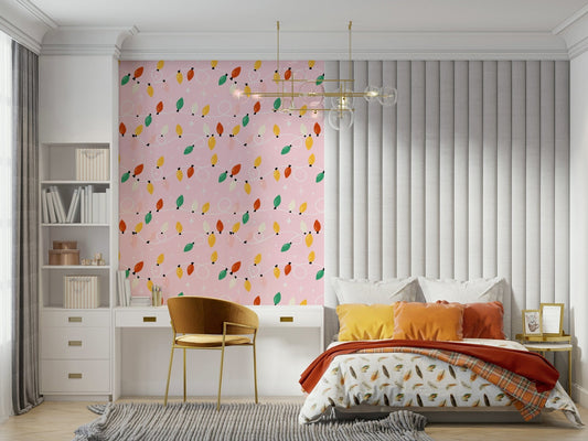 Pink String Lights & Stars Wallpaper bulbs and glitter pattern.