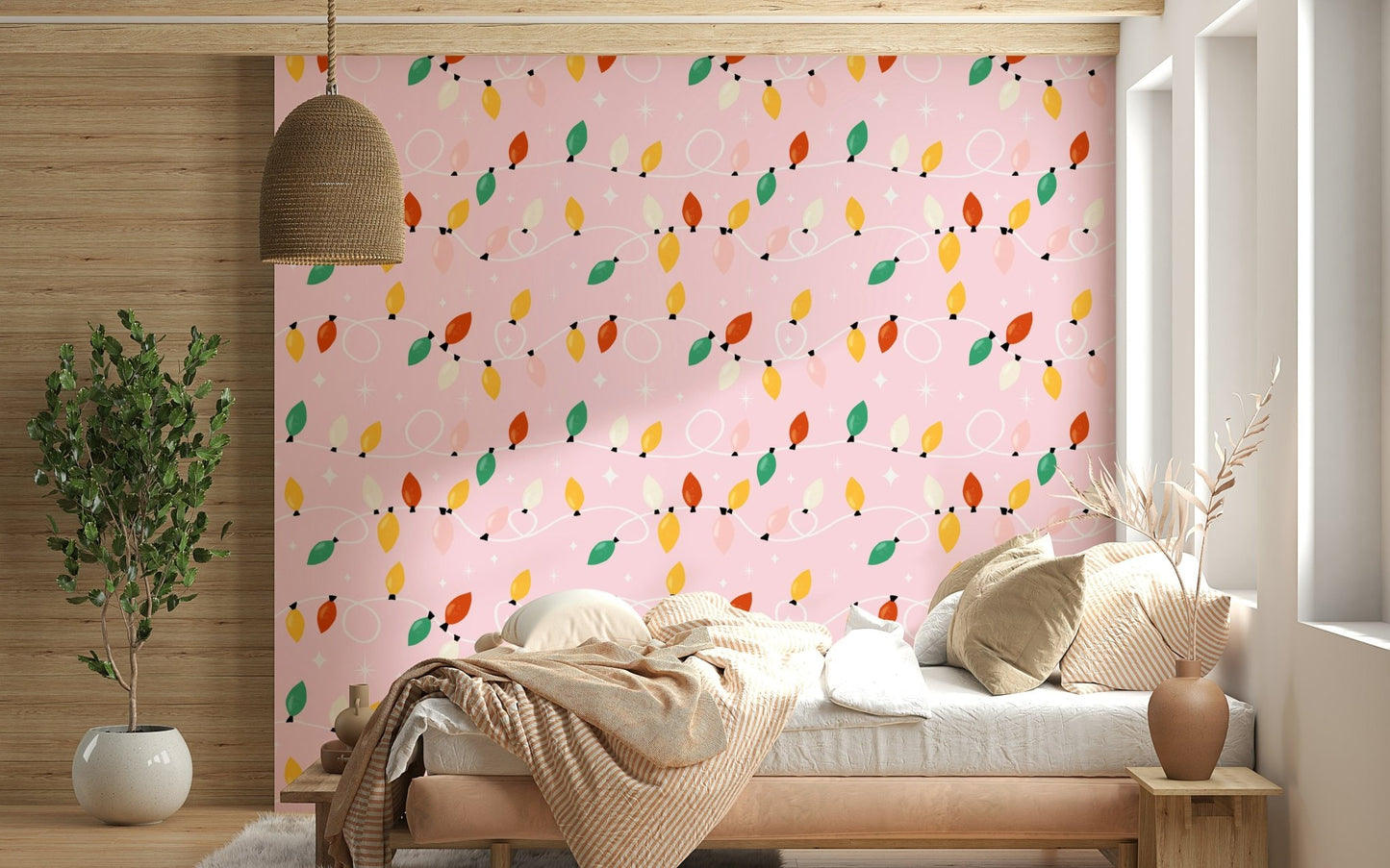 Vintage String Lights & Stars Wallpaper bright colorful holiday background design., GD6554