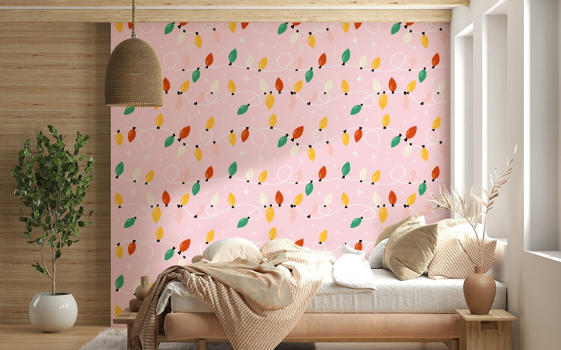 Vintage String Lights & Stars Wallpaper bright colorful holiday background design., GD6554
