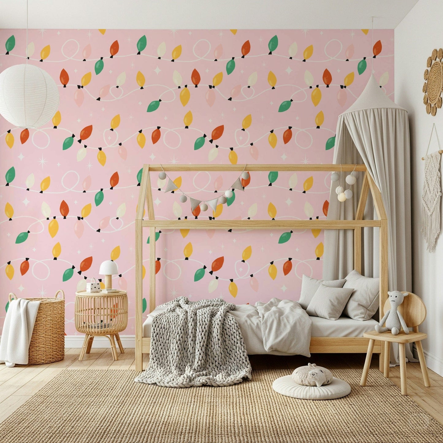 String Lights & Stars Wallpaper playful Christmas garland on whimsical background., GD6554